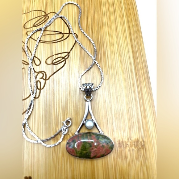 Vintage Large Green Orange Unakite Jasper Pearl Sterling Silver Necklace Pendant - Picture 9 of 13